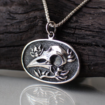 sterling silver raven skull floral pendant charm necklace