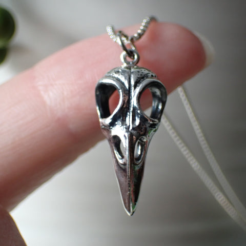 Sterling silver raven skull necklace