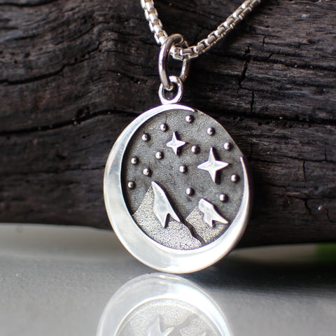 Sterling Silver Crescent Moon Necklace with Snowy Mountain Range and Starry Sky made from Recycled Silver