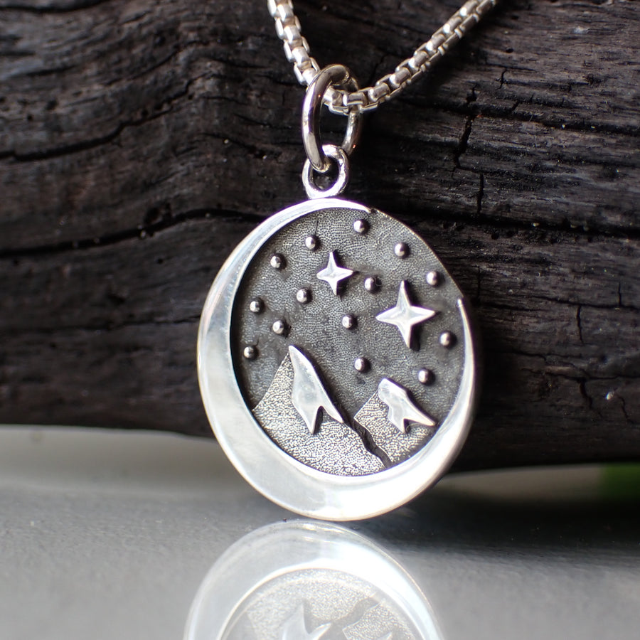 Sterling Silver Crescent Moon Necklace with Snowy Mountain Range and Starry Sky made from Recycled Silver