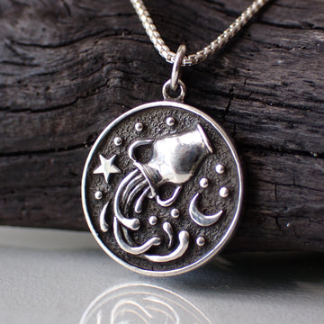 Sterling Silver Double Sided Aquarius Necklace made from Recycled Silver 