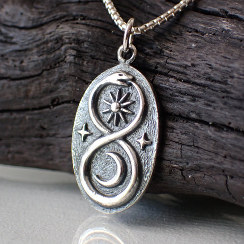 Sterling Silver Infinity Ouroboros Snake Necklace with Sun and Moon made from Recycled Silver