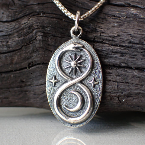 Sterling Silver Infinity Ouroboros Snake Necklace with Sun and Moon made from Recycled Silver
