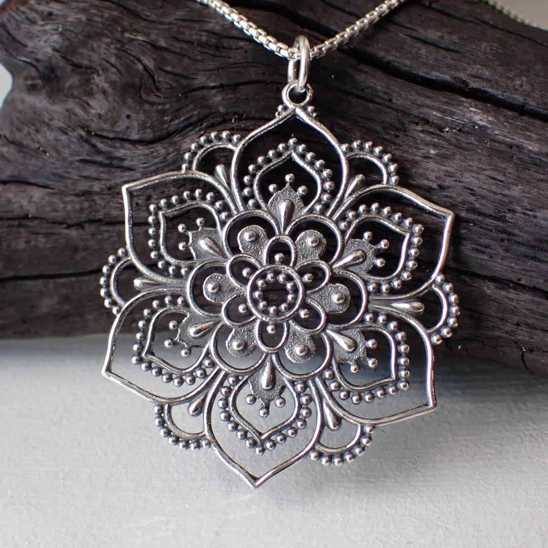 Sterling Silver Lotus Mandala Pendant on Chain made from Recycled Silver