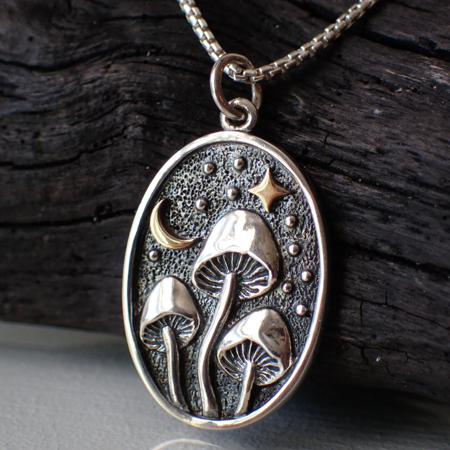 Sterling Silver Mixed Metals Moonlit Mushroom Necklace made from Recycled Silver