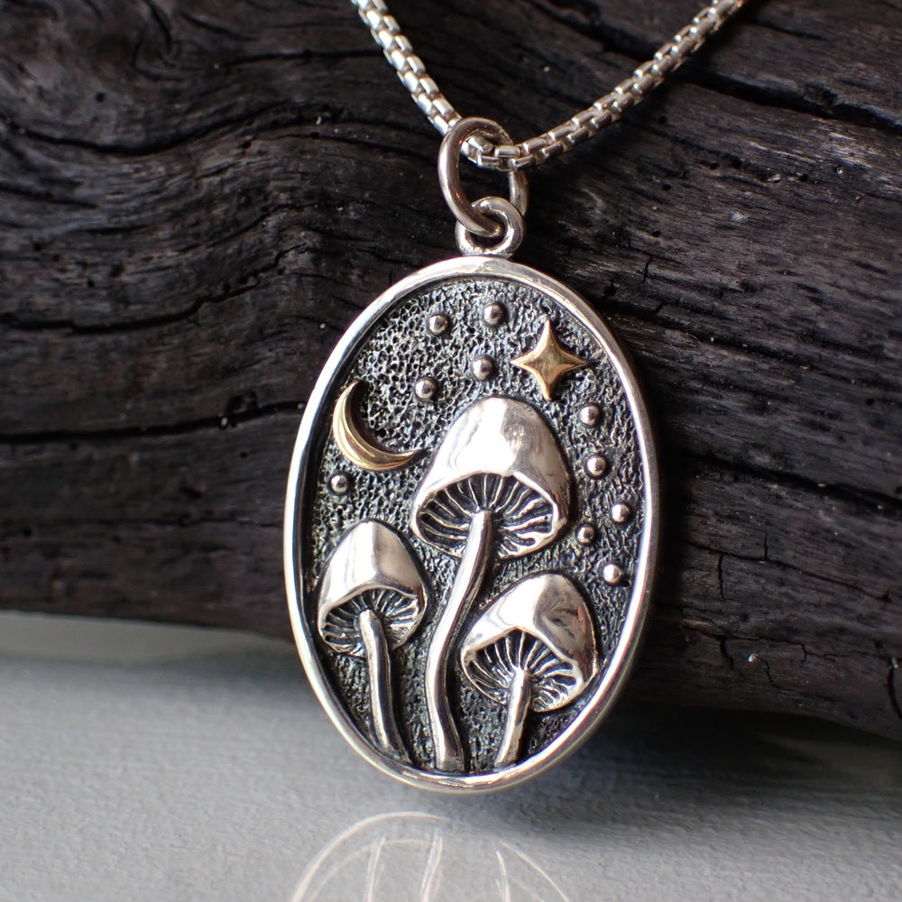 Sterling Silver Mixed Metals Moonlit Mushroom Necklace made from Recycled Silver