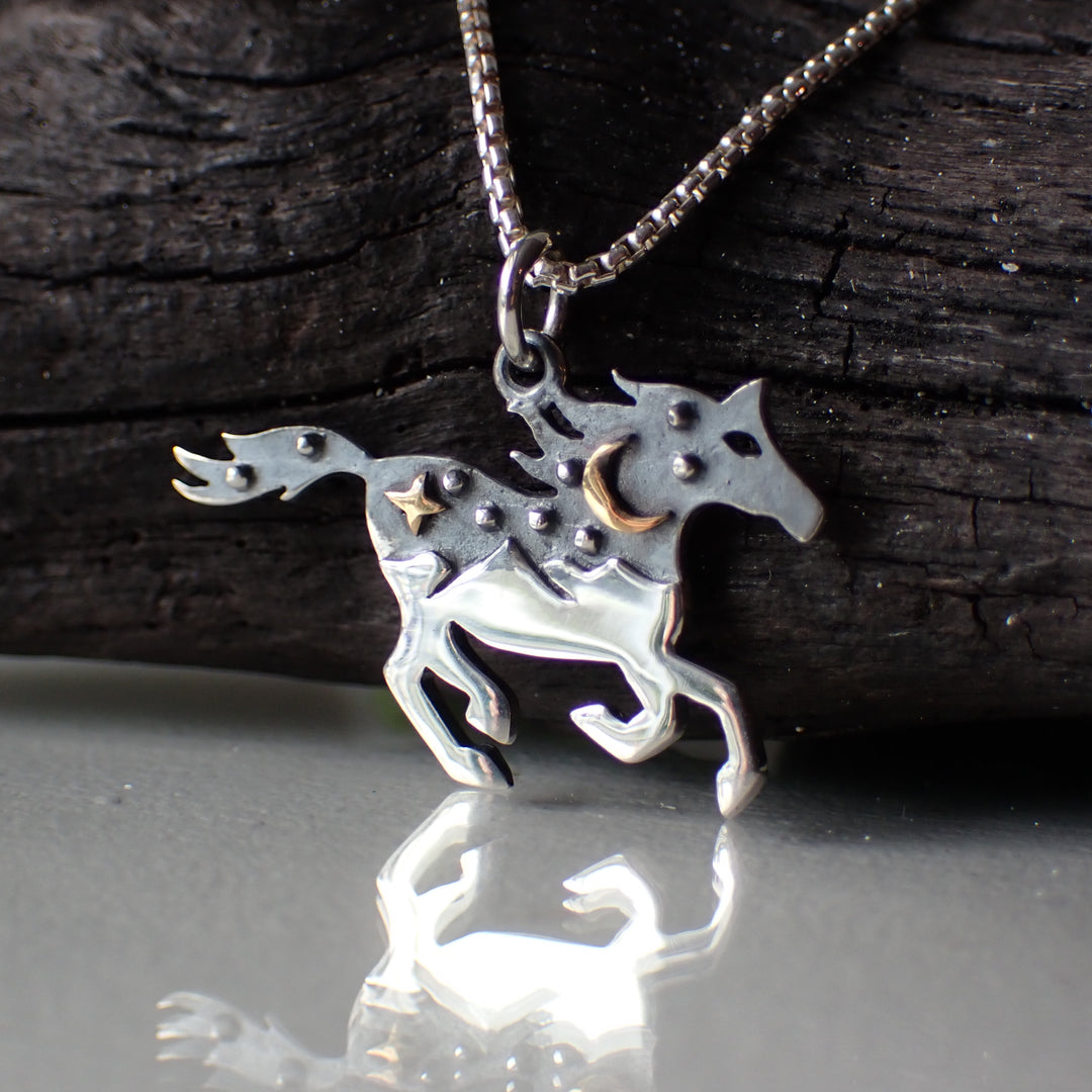 sterling silver celestial horse mixed metal charm necklace
