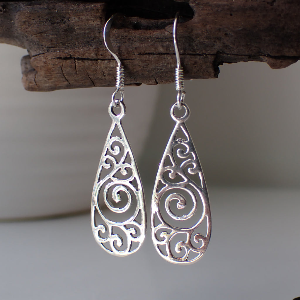 sterling silver openwork swirl teardrop earrings