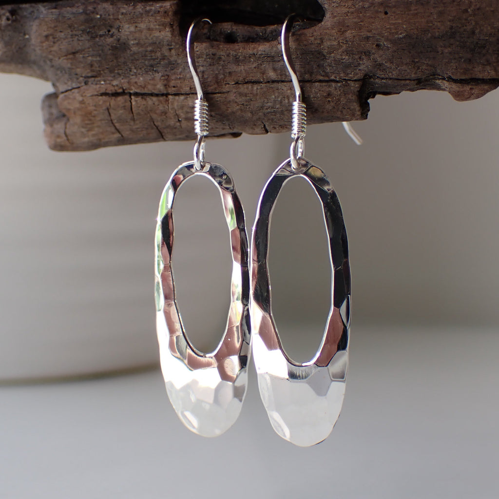 sterling silver hammered oval drop simple earrings