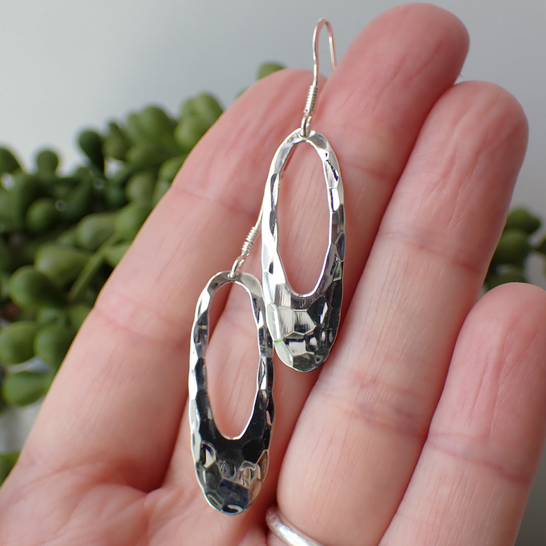 sterling silver hammered oval drop simple earrings