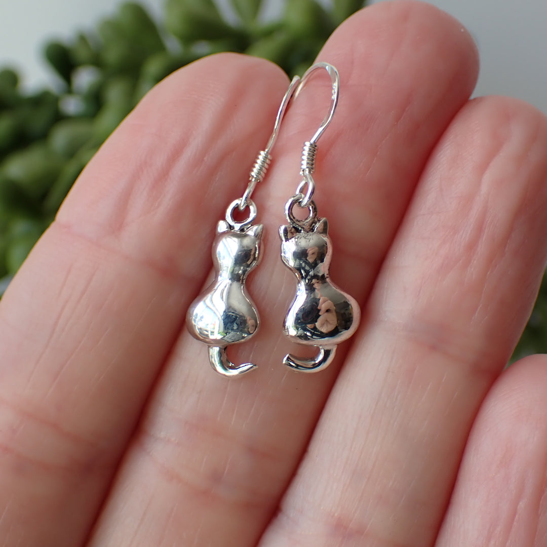 sterling silver cat drop earrings
