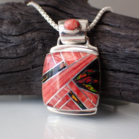 Red Spiny Oyster and Fire Opal Inlaid Sterling Silver Pendant by Marie Tsosie