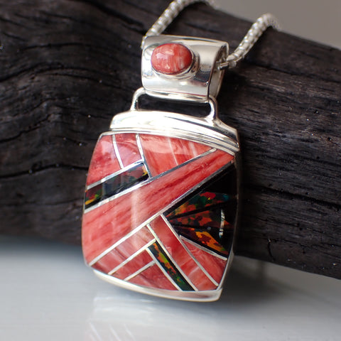 Red Spiny Oyster and Fire Opal Inlaid Sterling Silver Pendant by Marie Tsosie