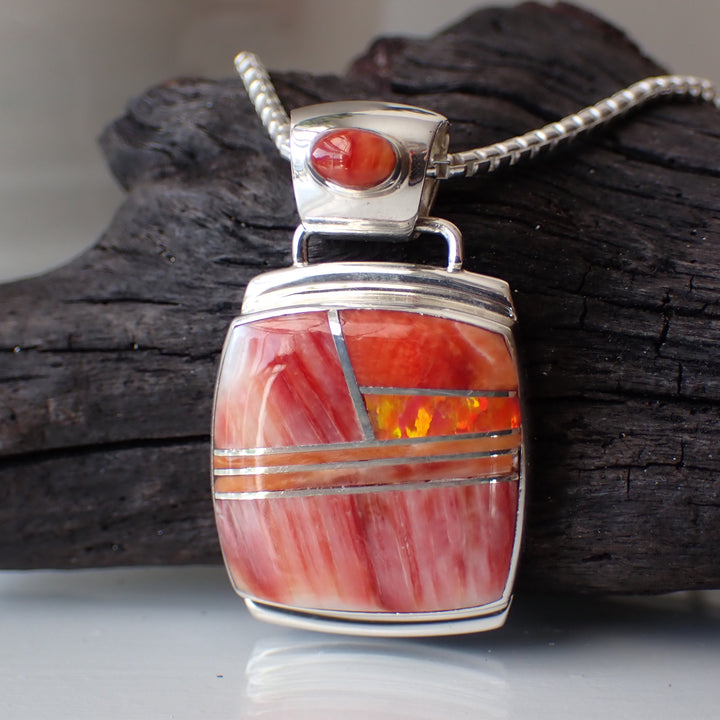 Red Spiny Oyster and Orange Fire Opal Inlaid Sterling Silver Pendant by Marie Tsosie
