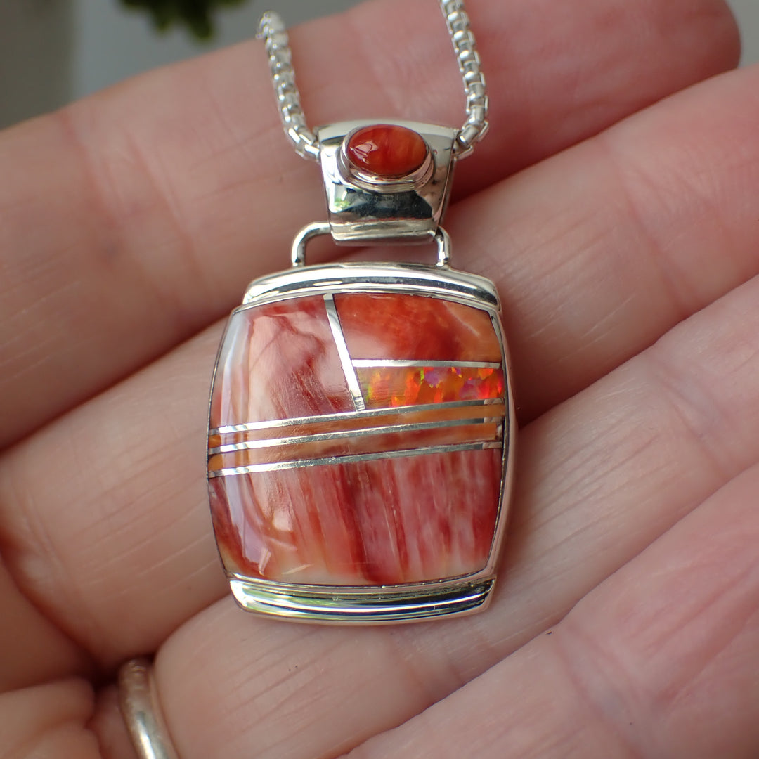 Red Spiny Oyster and Orange Fire Opal Inlaid Sterling Silver Pendant by Marie Tsosie