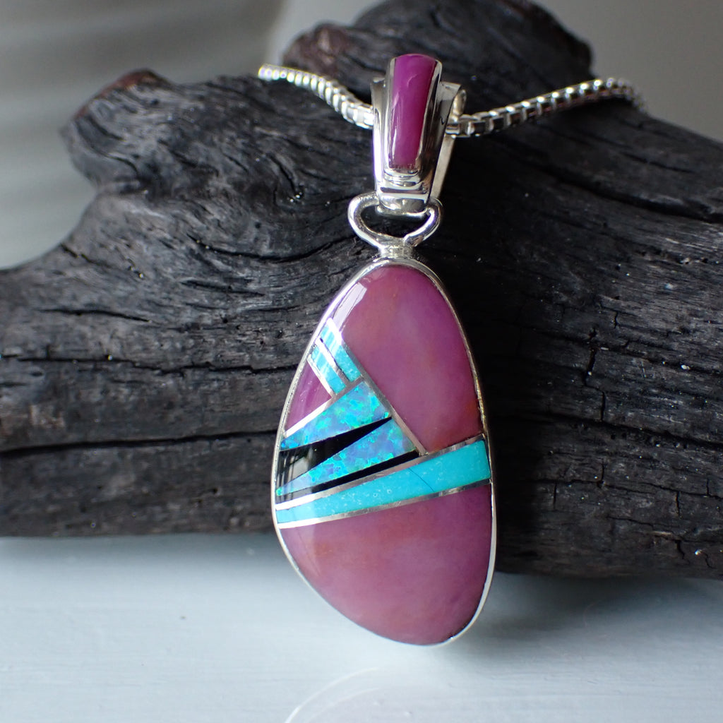 Sugilite, Turquoise, Jet & Opal sterling silver inlay pendant by sheryl martinez