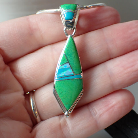 Gaspeite, Turquoise & Opal Inlaid Sterling Silver Pendant by Cathy Webster