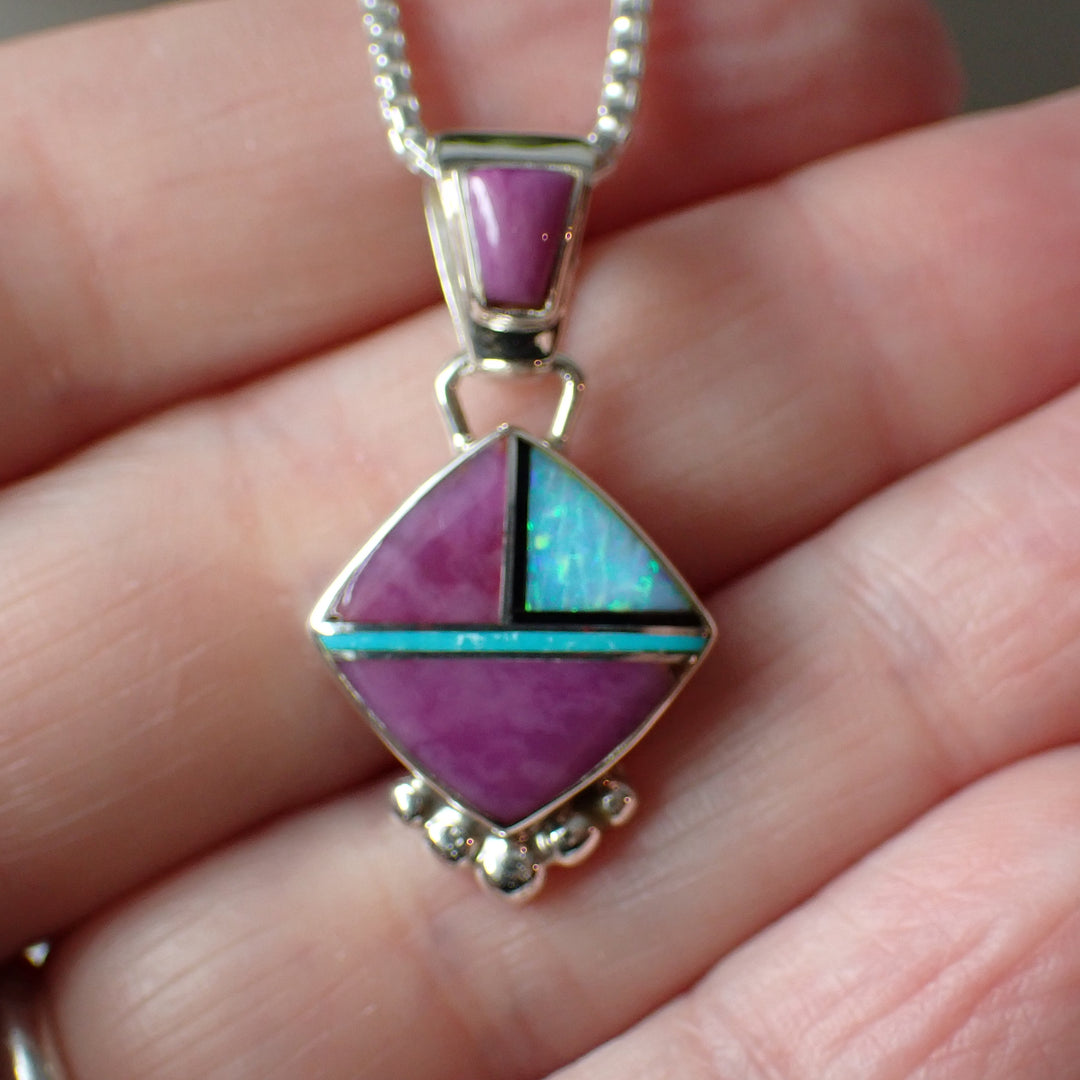 Sugilite, Jet & Opal Inlaid Sterling Silver Pendant by Emma Arviso
