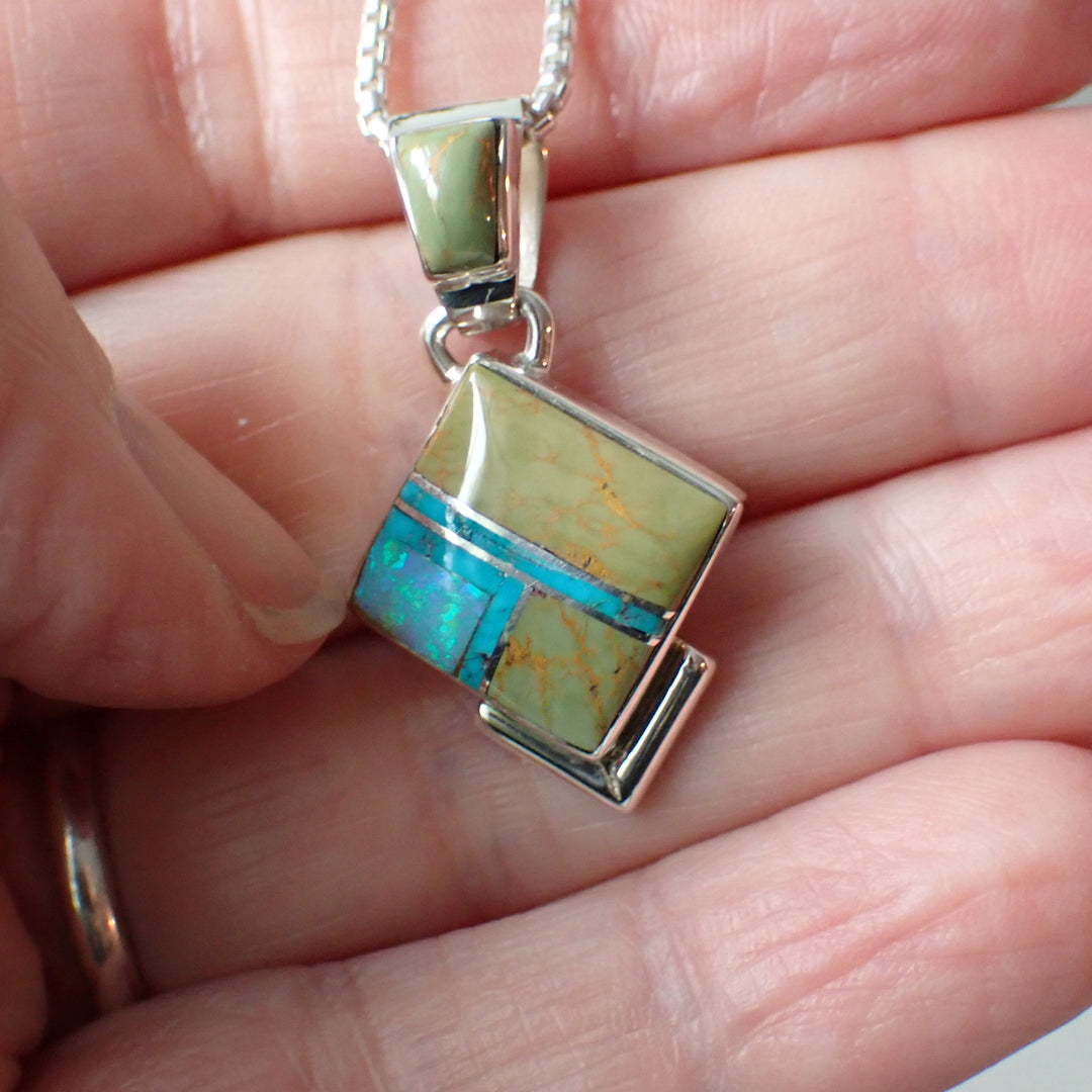 Green & Blue Turquoise with Opal Inlaid Sterling Silver Pendant by Emma Arviso