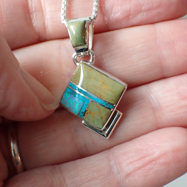 Green & Blue Turquoise with Opal Inlaid Sterling Silver Pendant by Emma Arviso