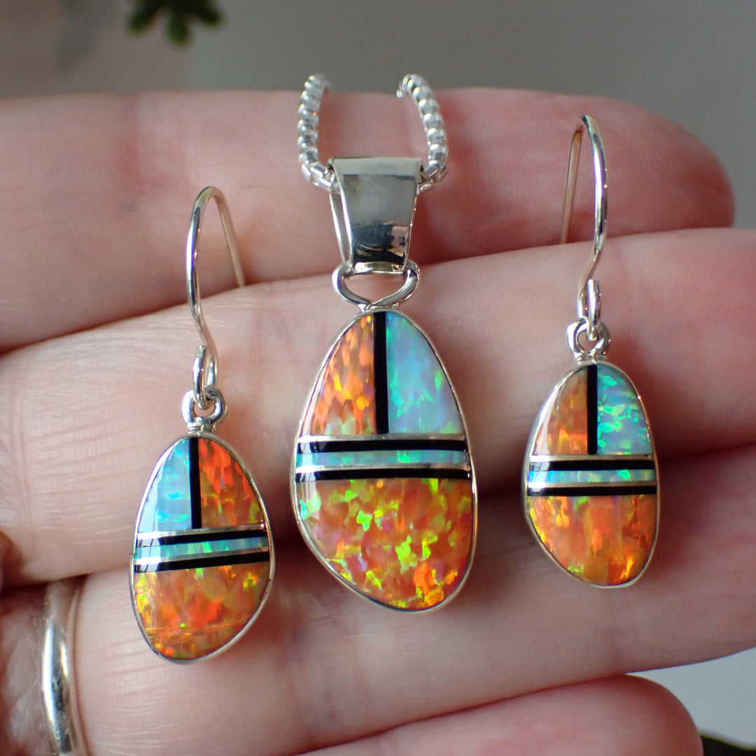 Orange and White Opal Inlay Sterling Silver Earrings and Pendant Set by Sheryl Martinez