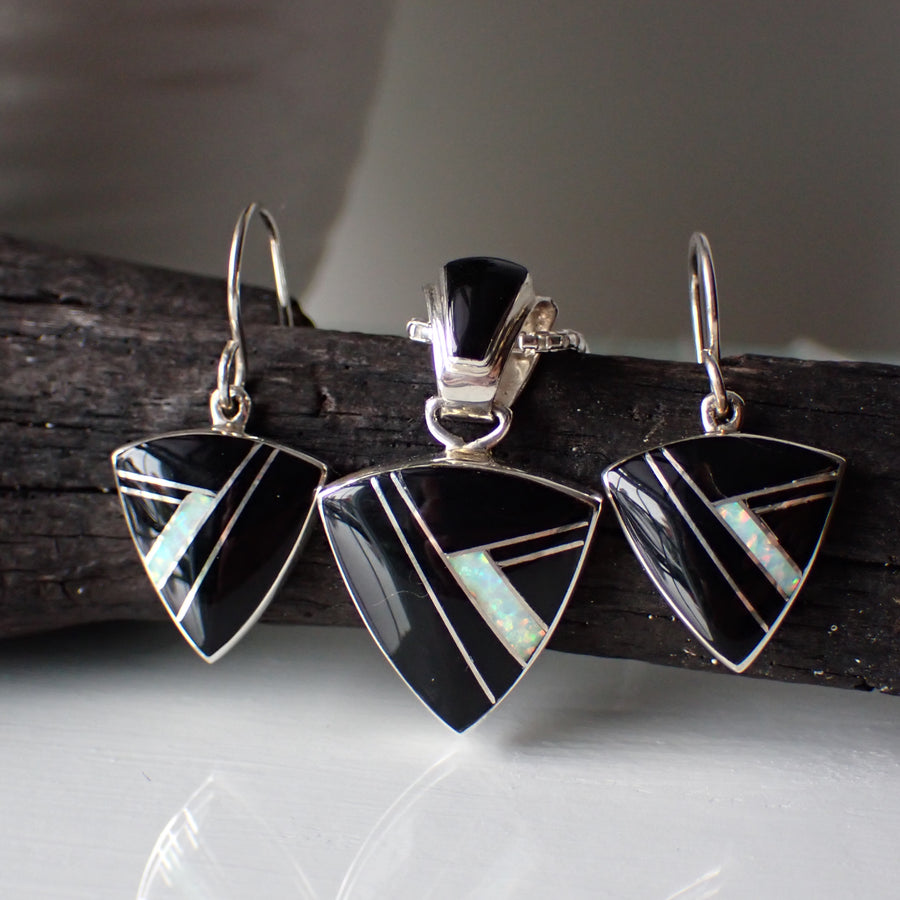 Black Onyx & Opal Inlay Sterling Silver Earrings and Pendant Set by Sheryl Martinez