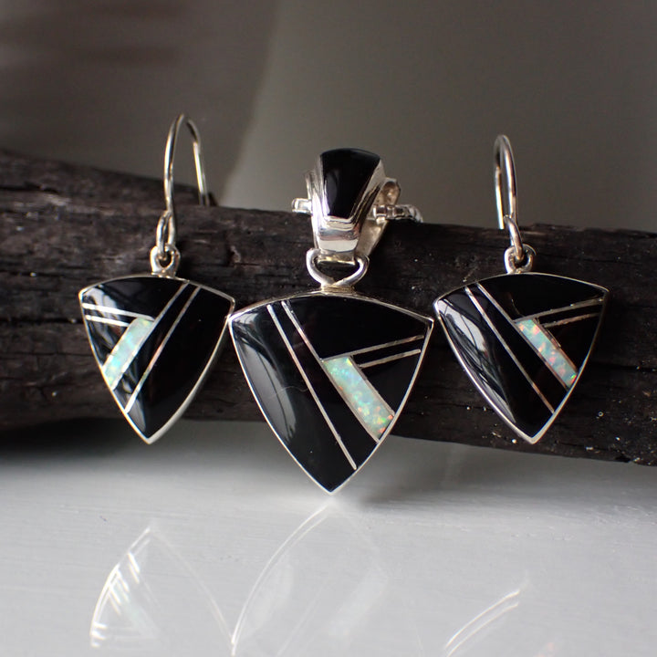 Black Onyx & Opal Inlay Sterling Silver Earrings and Pendant Set by Sheryl Martinez