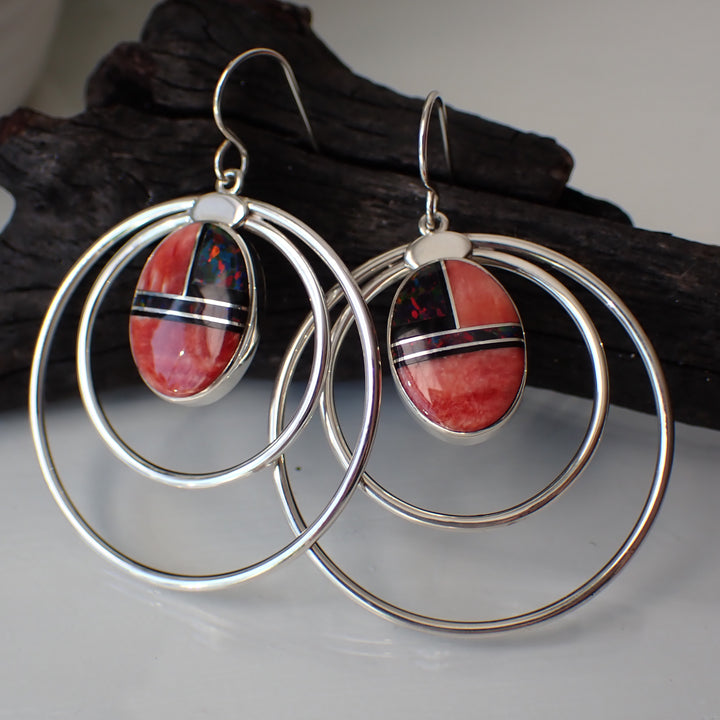 Red Spiny Oyster & Opal Inlay Sterling Silver Hoops by Kenneth Bitsie