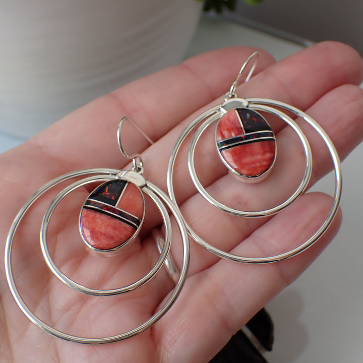 Red Spiny Oyster & Opal Inlay Sterling Silver Hoops by Kenneth Bitsie