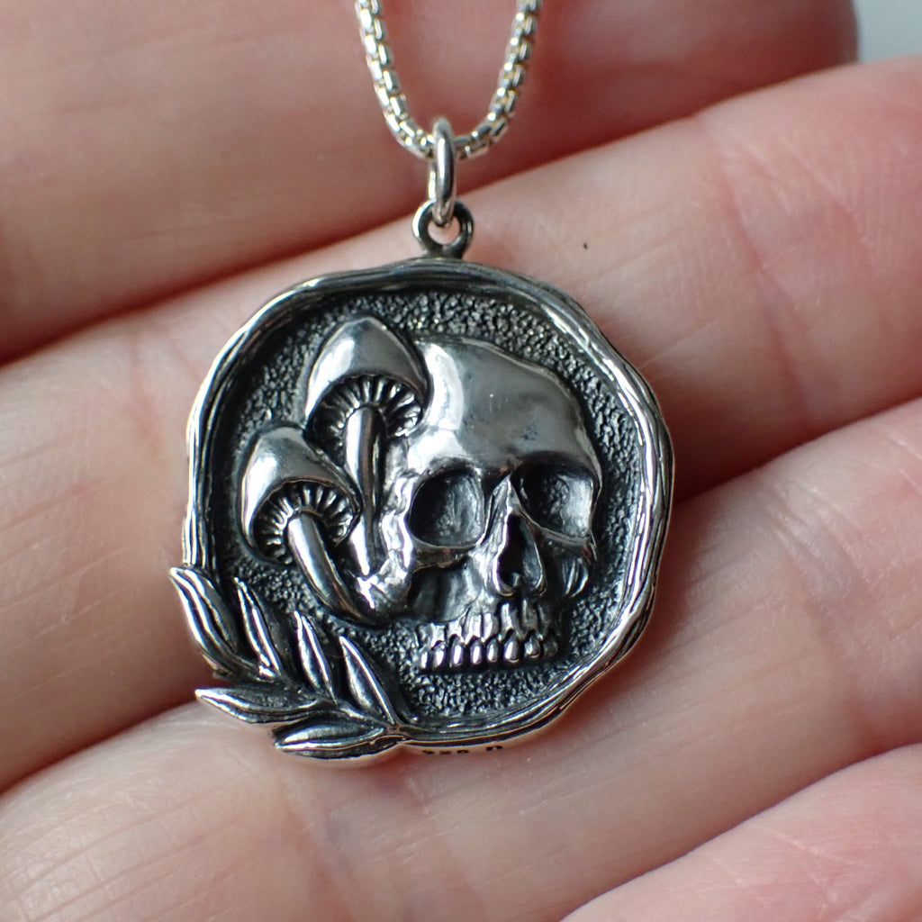 sterling silver mushroom skull necklace