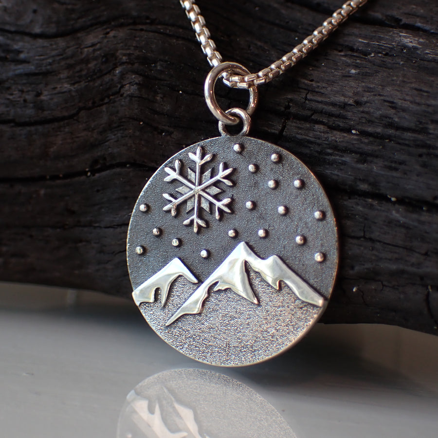 sterling silver snowy mountain snowflake pendant charm necklace