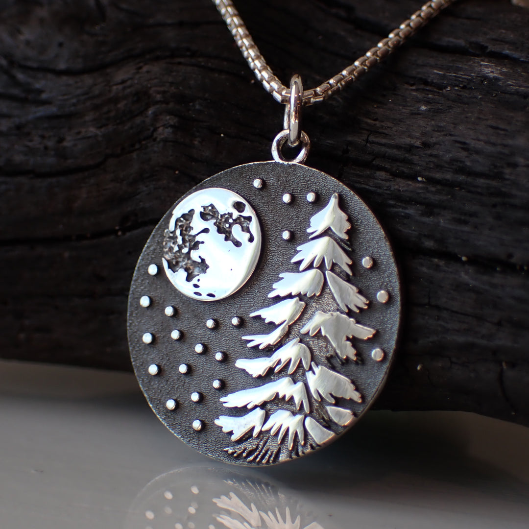 sterling silver snowy pine tree under the moon charm necklace