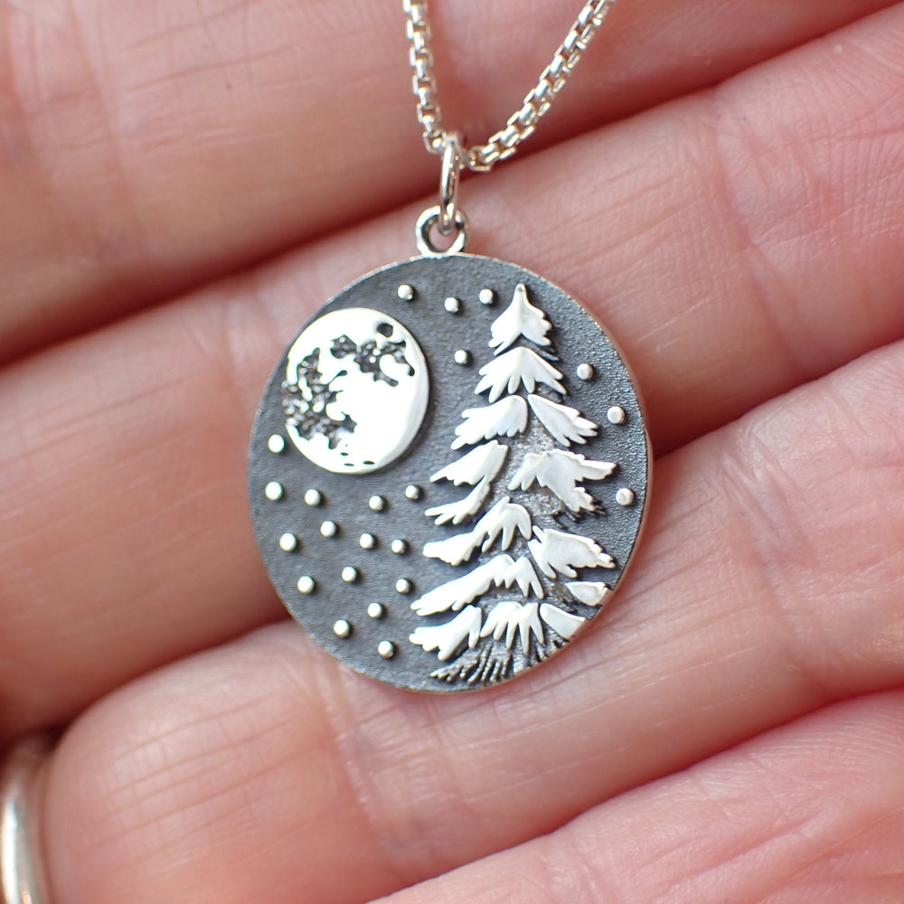 sterling silver snowy pine tree under the moon charm necklace