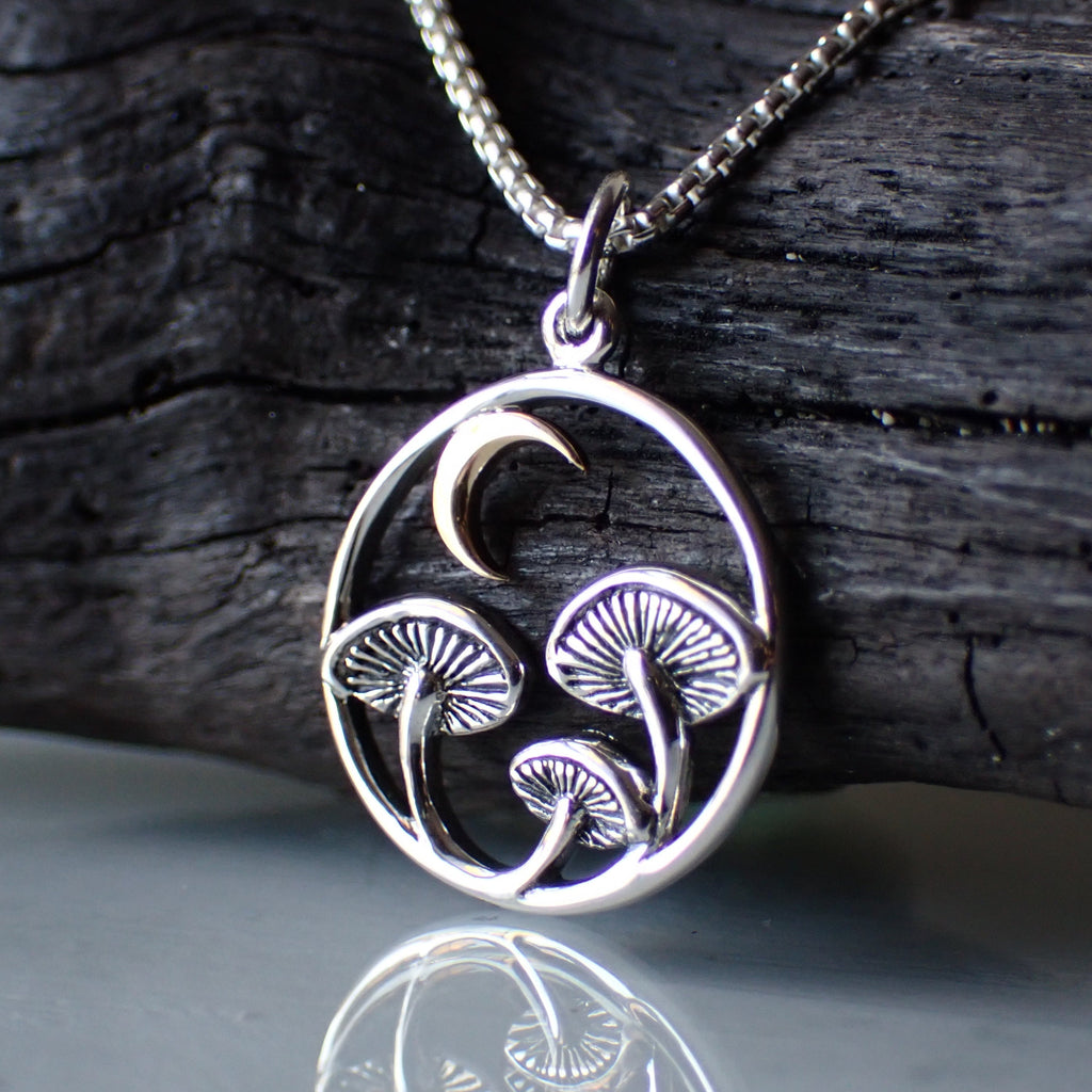 sterling silver mixed metal mushroom moon charm necklace