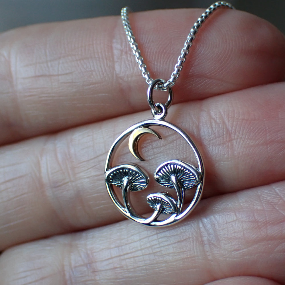 sterling silver mixed metal mushroom moon charm necklace