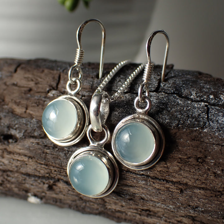 Blue Chalcedony Sterling Silver Necklace & Earring Set