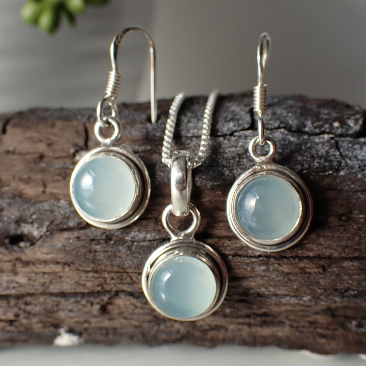Blue Chalcedony Sterling Silver Necklace & Earring Set