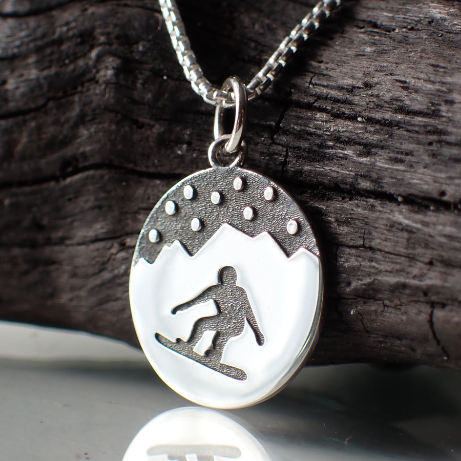 sterling silver snowboard mountain winter charm necklace