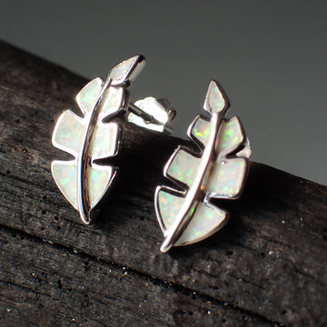 sterling silver opal stud leaf earrings