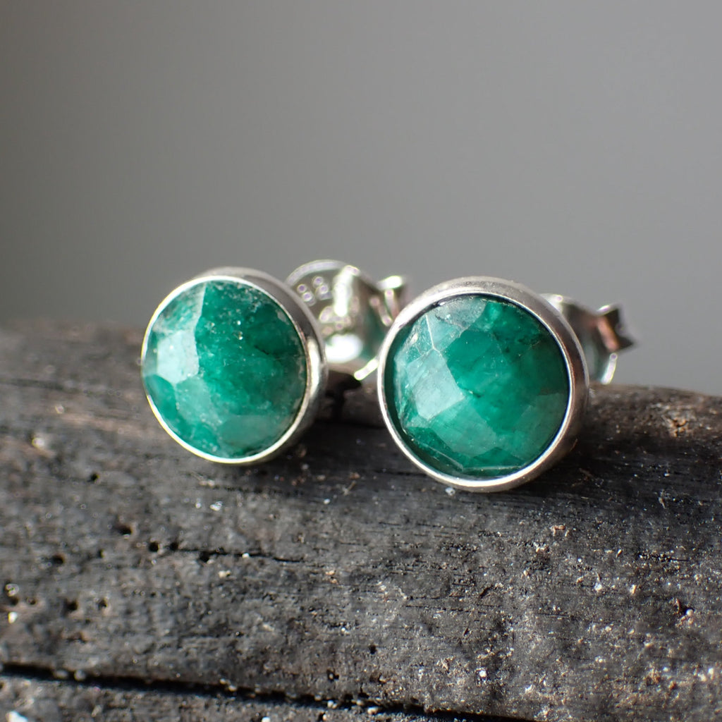 Emerald Faceted Sterling Silver Stud Earrings