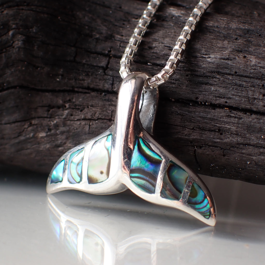 Sterling Silver Inlaid Inlay Abalone Whale Tail Nautical Necklace