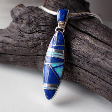 Sterling Silver Lapis Lazuli & Blue Opal Inlaid Pendant by Navajo Silversmith Cathy Webster