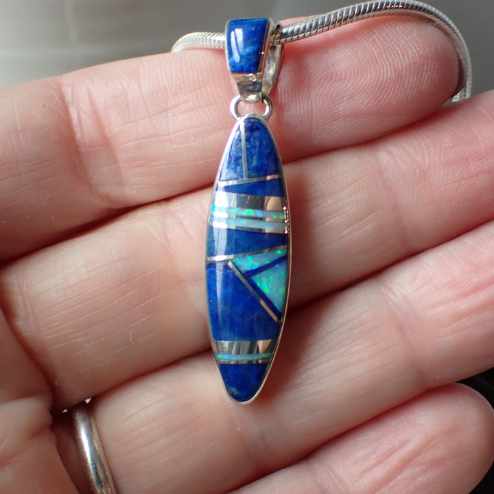 Sterling Silver Lapis Lazuli & Blue Opal Inlaid Pendant by Navajo Silversmith Cathy Webster