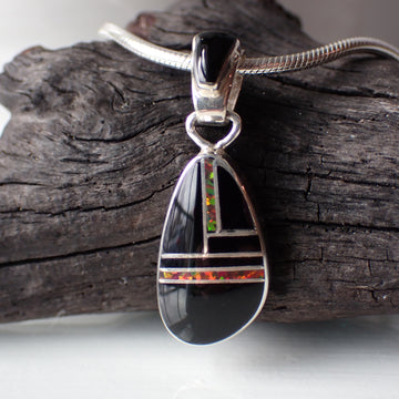 Onyx, Red Opal & Sterling Silver Inlay Pendant by Navajo Artist Marie Tsosie