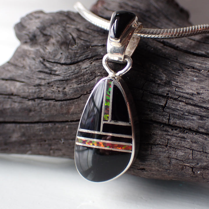 Onyx, Red Opal & Sterling Silver Inlay Pendant by Navajo Artist Marie Tsosie