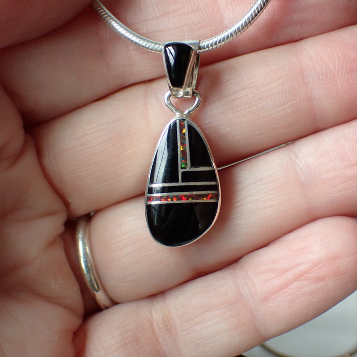 Onyx, Red Opal & Sterling Silver Inlay Pendant by Navajo Artist Marie Tsosie