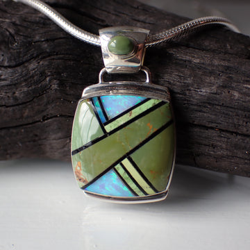 Turquoise, Serpentine, Blue Opal Inlaid Sterling Silver Pendant by Native American Artist Marie Tsosie