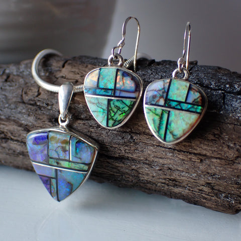 Inlay Opal Necklace And Earring Set By Navajo Artist