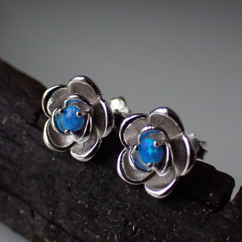 Opal Sterling Silver Flower Stud Post Earrings