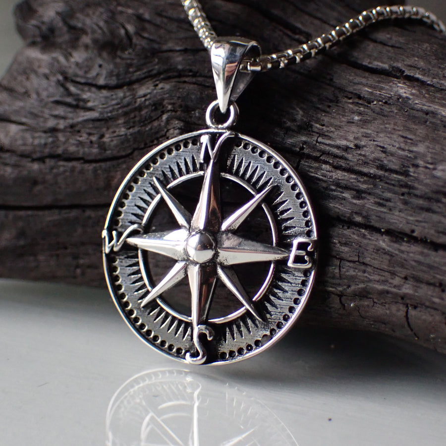 Sterling Silver Compass Rose Pendant On Chain
